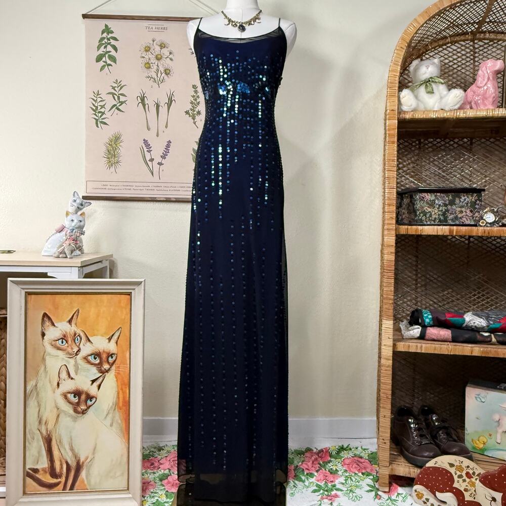 Vintage 90s Y2k Blue Mesh Sequin Formal Maxi Dress Glam Sexy Hoco Prom Party M